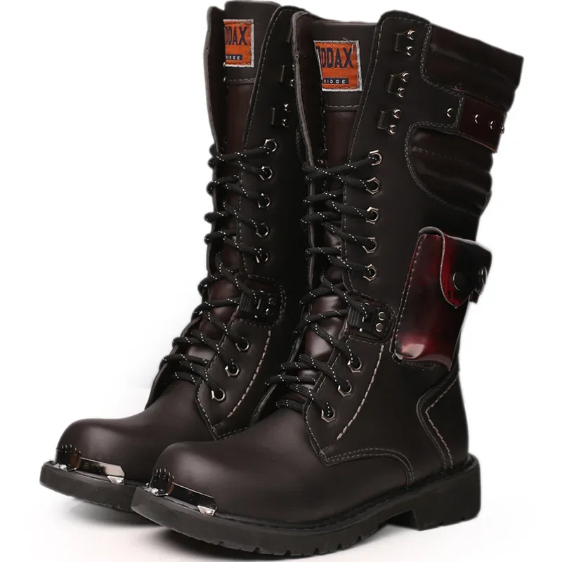 Men Knee High Leather Boots Winter Male Motorcycle Boots Gothic Punk Shoes Mens Outdoor Military Casual Tooling Boots Man