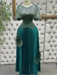 EGRM Pleated 2 Pieces Set Women Fashion V Neck Short Batwing Half Sleeved Irregular Hem Top + 3D Flowers A-line Folds Skirt 6R81