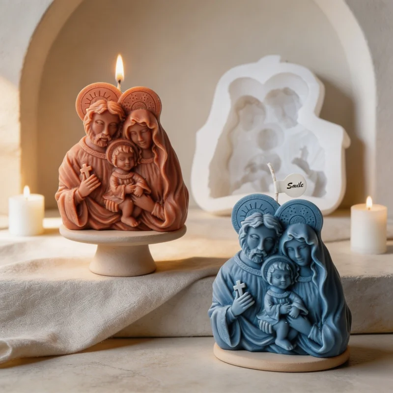 3D Heilige Familie Silikon-Kerzenform, Jesus Maria Josef Statue Wachsform für DIY Seife Harz Gips Handwerk Heimdekoration Katholisches Geschenk