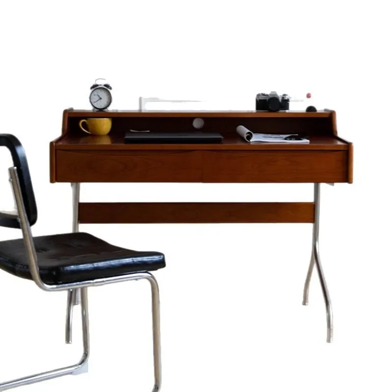 Retro Solid Wood Desk Compact Writing Table for Small Apartment Home Office Study Gaming Setup