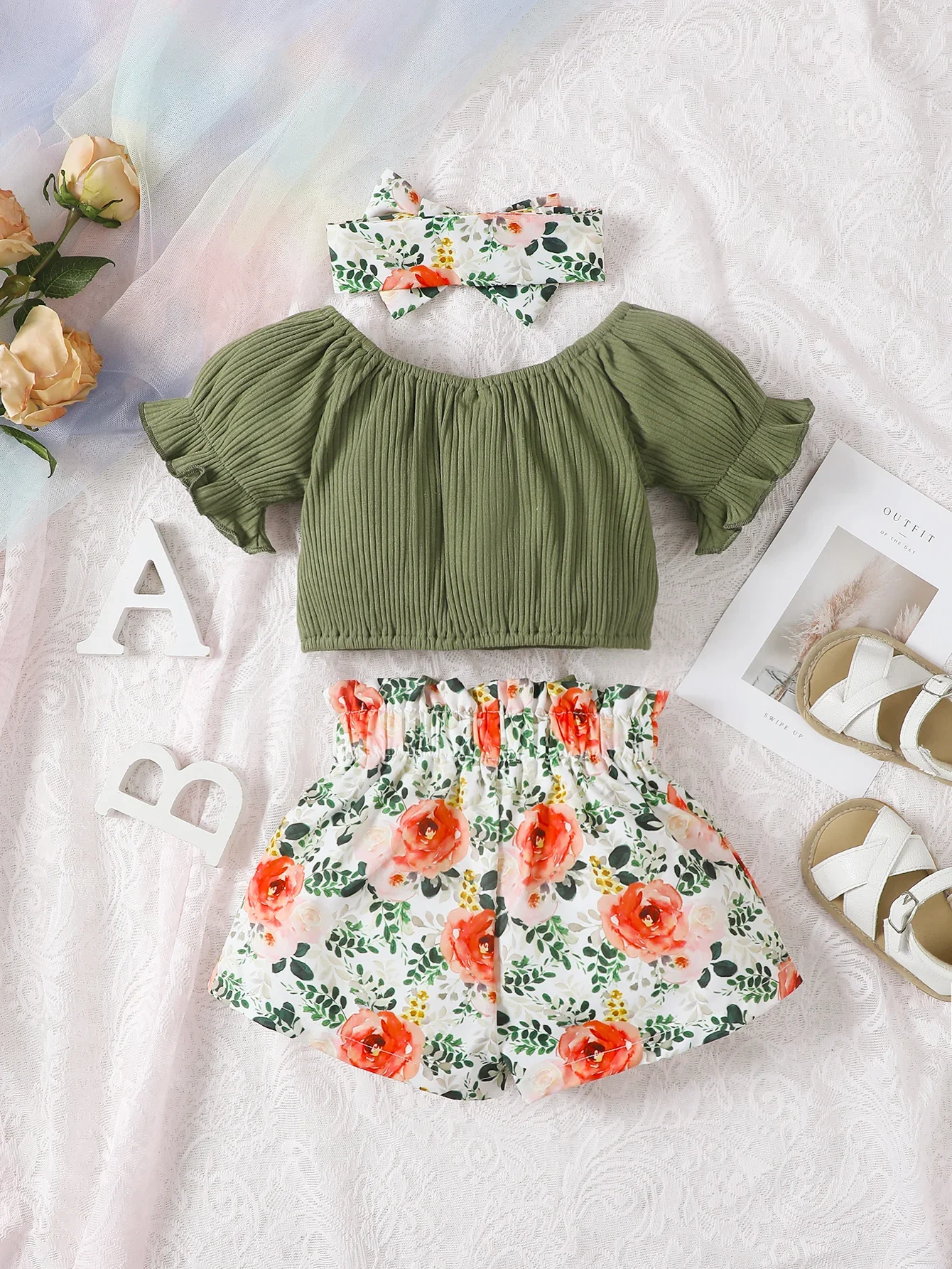 Baby Girl Clothes Set New Summer Pure Green Puff Sleeve T-shirt Top+Flower Print Casual Shorts 3Pcs Infant Fashion Clothes Suit