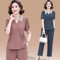 New Female Short Sleeved Two Piece Set Summer Mom Costume Fashion Outfit Summer Ladies Leisure Short Sleeved Clothing Pants Suit