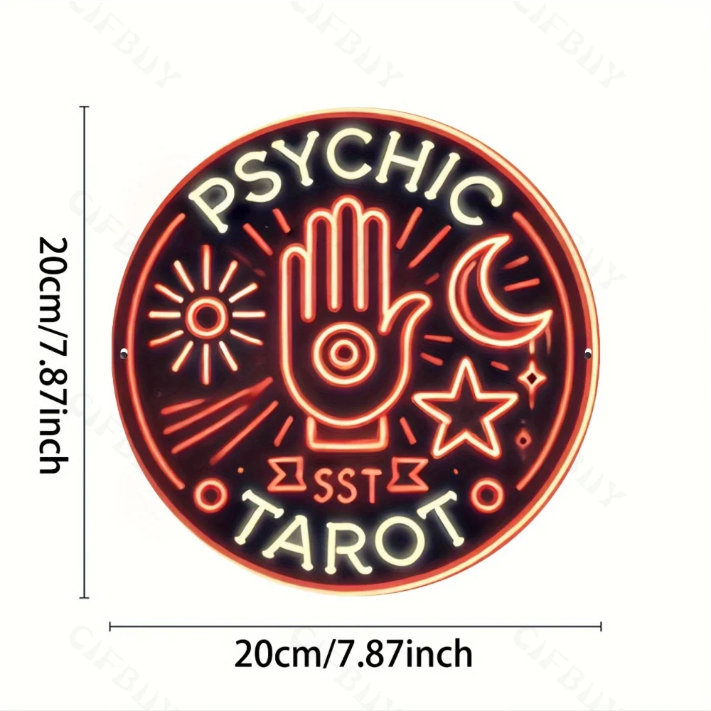 Psychic Tarot Neon Sign Round Metal Wall Art Durable Aluminum Wall Decor for Home Ideal Gift for Living Room Bar Cafe Outdoor