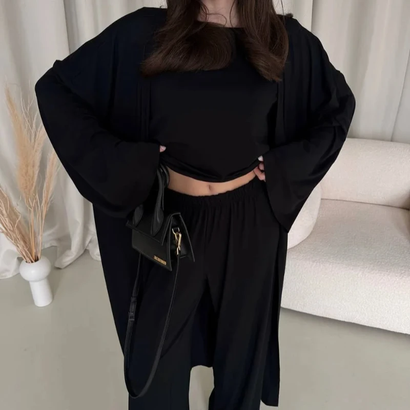 Female Solid Color Casual 3Pieces Suits Long Sleeves Coat Round-Neck Slim Short Top Wide Leg Trousers Spring Summer Fashion Sets