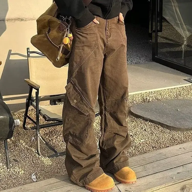 Loose Wide Leg Pants Men's High Street Multi Pocket Drapey Casual Denim Jeans American Retro Workwear Style Youth Fashion