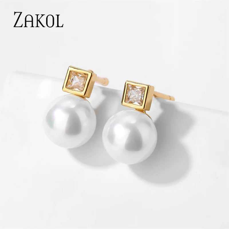 ZAKOL Fashion Green CZ Imitation Pearl Simple Stud Earrings For Women Girl Party Jewelry Accessories Birthday EP5512