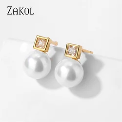 ZAKOL Fashion Green CZ Imitation Pearl Simple Stud Earrings For Women Girl Party Jewelry Accessories Birthday EP5512