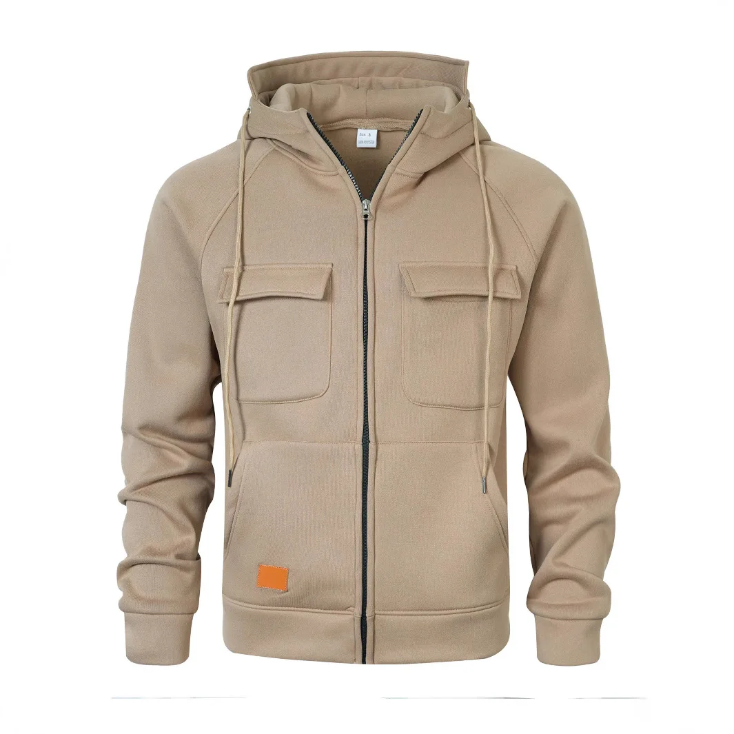 

Autumn and Winter American Tooling Retro Hooded Loose Pulled Sweater Young Men Multi-pocket Sticker Leather Cardigan Jacket