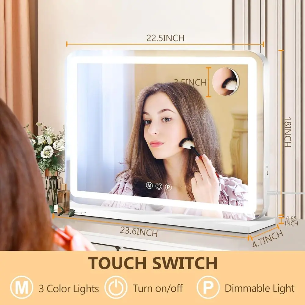 Podświetlane lusterko kosmetyczne LED, 23x18, 3-stopniowa regulacja oświetlenia, ekran dotykowy, aluminiowa ramka, port USB