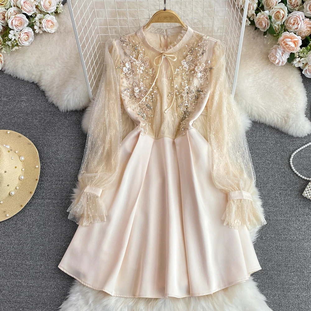 

2023 New Spring Autumn Vintage Bubble Long Sleeve Beading Sequined Mesh Lace Splice Stand Collar Bow Flower Embroidery Dress