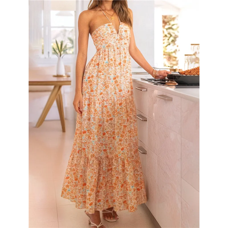 【SEE】 Vestido feminino sem mangas maxi sem costas com babado bainha em camadas vestido longo fluido verão vestido de verão de corte baixo