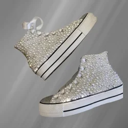 Large size thick soled pearl rhinestone wedding party shoes handmade high top lace-up canvas shoes casual women's shoes 35-44