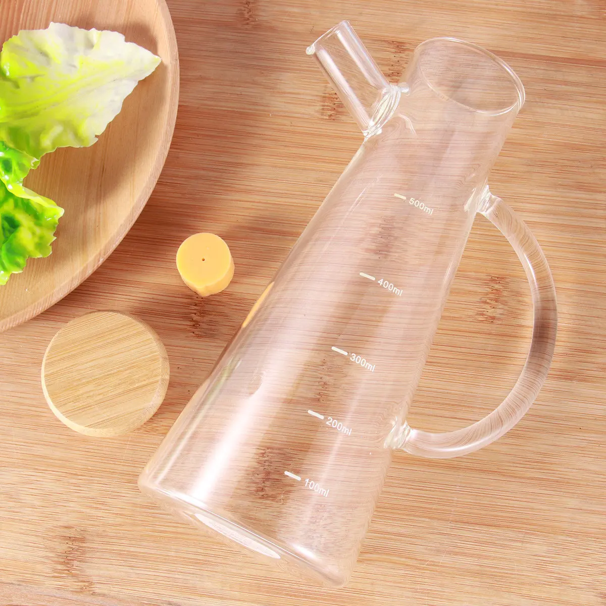 High Borosilicate Glass Oiler 500Ml Leak-Proof Transparent Oil Pot Home Kitchen Oil Dispenser with Bamboo Lid Scale Drip-Free