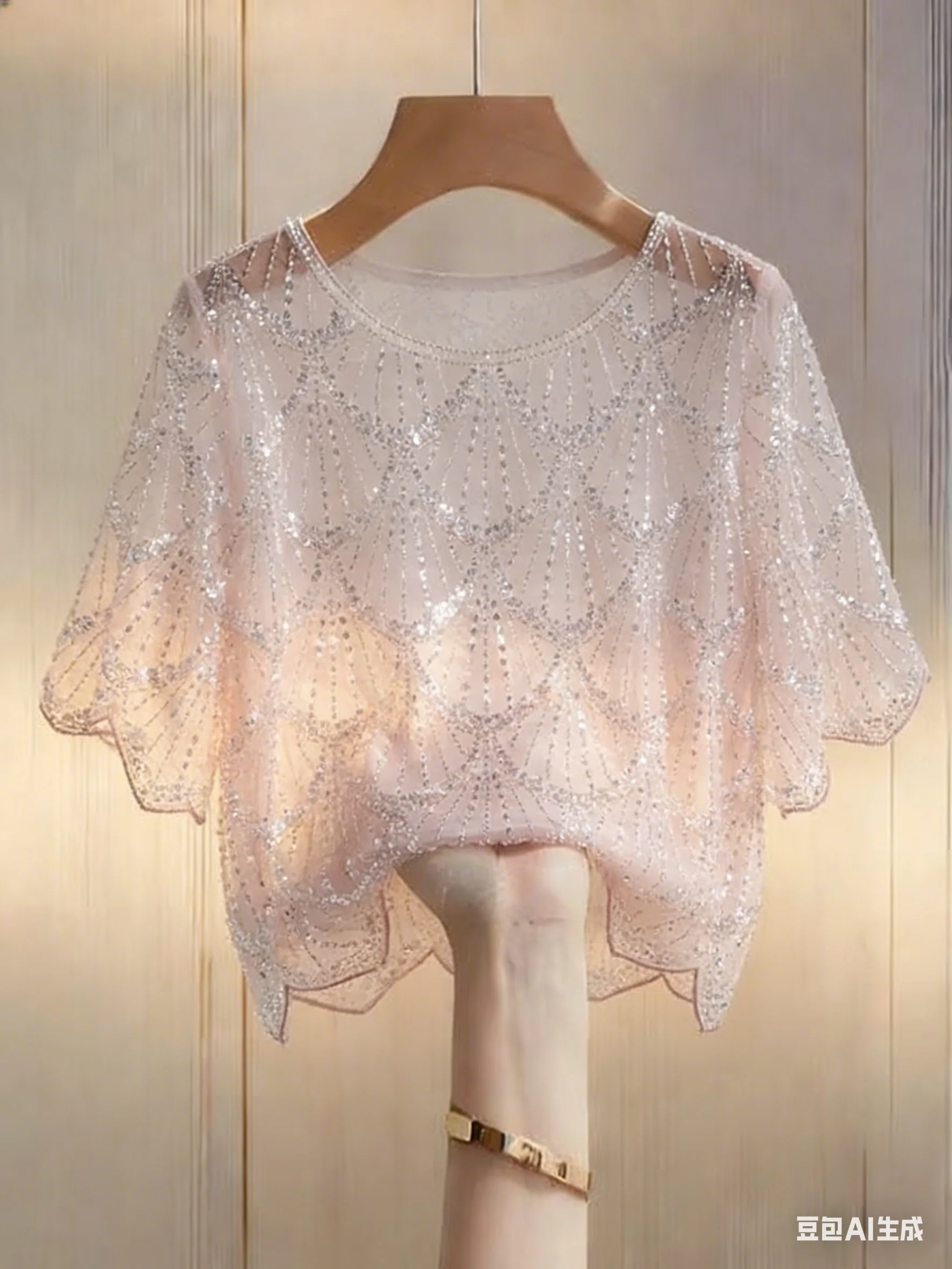 Ladies' Elegant Handmade Pearl Semi Transparent Top - Bright Pink Casual Fashionable Short Sleeved Shirt
