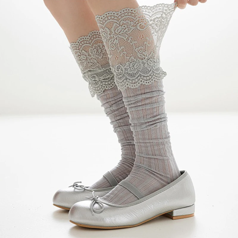 1 쌍 달콤한 프릴 송아지 스타킹 여성 일본식 레이스 로리타 얇은 편안한 솔리드 컬러 송아지 양말