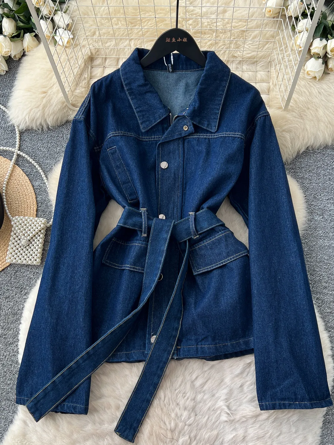 SuperAen Commute Turn-down Collar Denim Jacket for Women 2026 Autum New Design Waist Long-sleeved Jackets