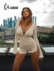 CNYISHE Lace-up Hollow Out Sexy Club Women Playsuits Long Sleeve Sheath Fashion Deep V Neck Jumpsuits Female Solid Tops Tees