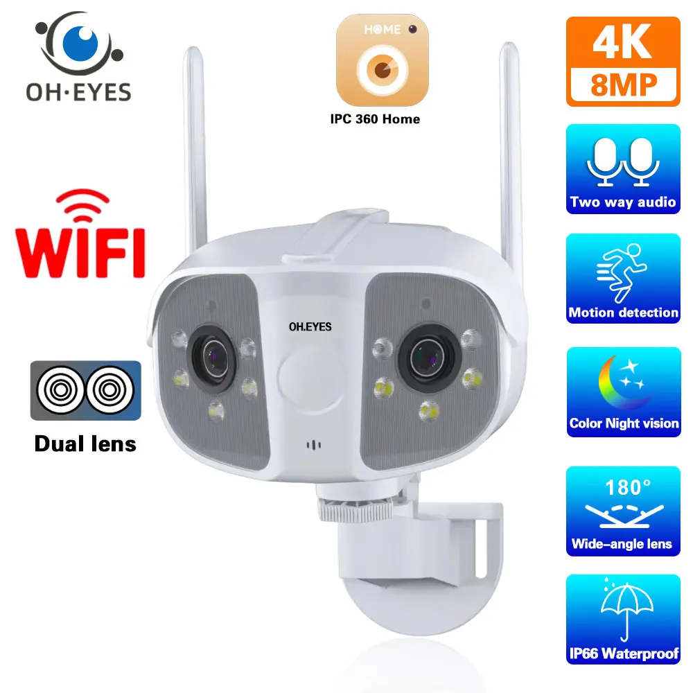 

Outdoor 4K 8MP 4MP 180° Ultra Wide View Angle Panoramic WIFI Dual Lens Fixed IP Camera AI Human Detection CCTV Security Camera