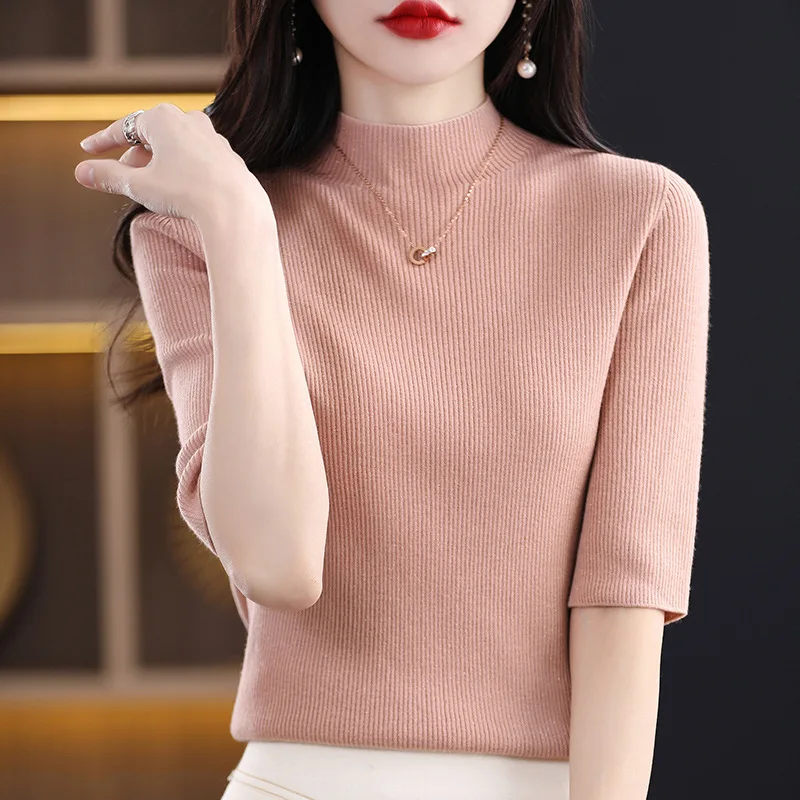 

Women Sweater Mock Neck Harf Sleeves Warm Bottoming Shirt Fashion Korean Striped Underwear Autumn Winter Knitted Tops Pullovers