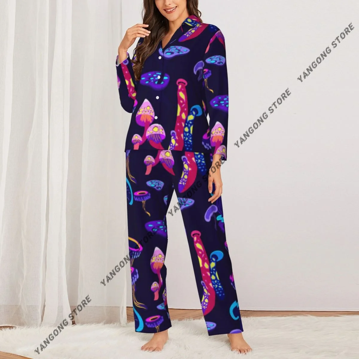 Women Sleepwear Pajamas Hallucinogenic Magic Fairy Mushrooms Long Sleeve Pijama Female Set Negligee Cardigan Suit