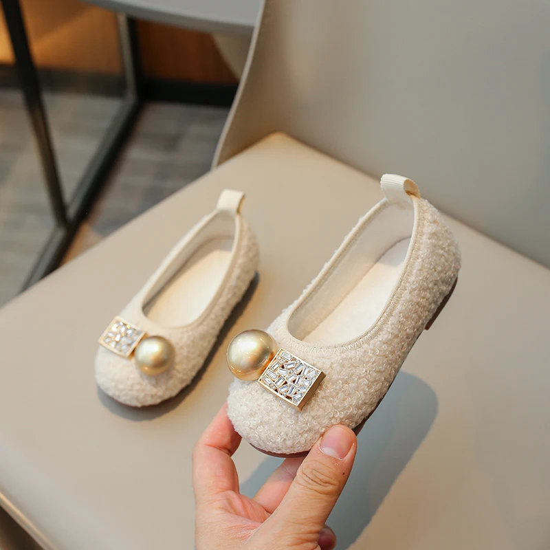 Autumn Winter Solid Girls Flats Shoes Rhinestones Short Plush Warm Kids Ballet Flats Princess Toddler Children Fashion Shoes