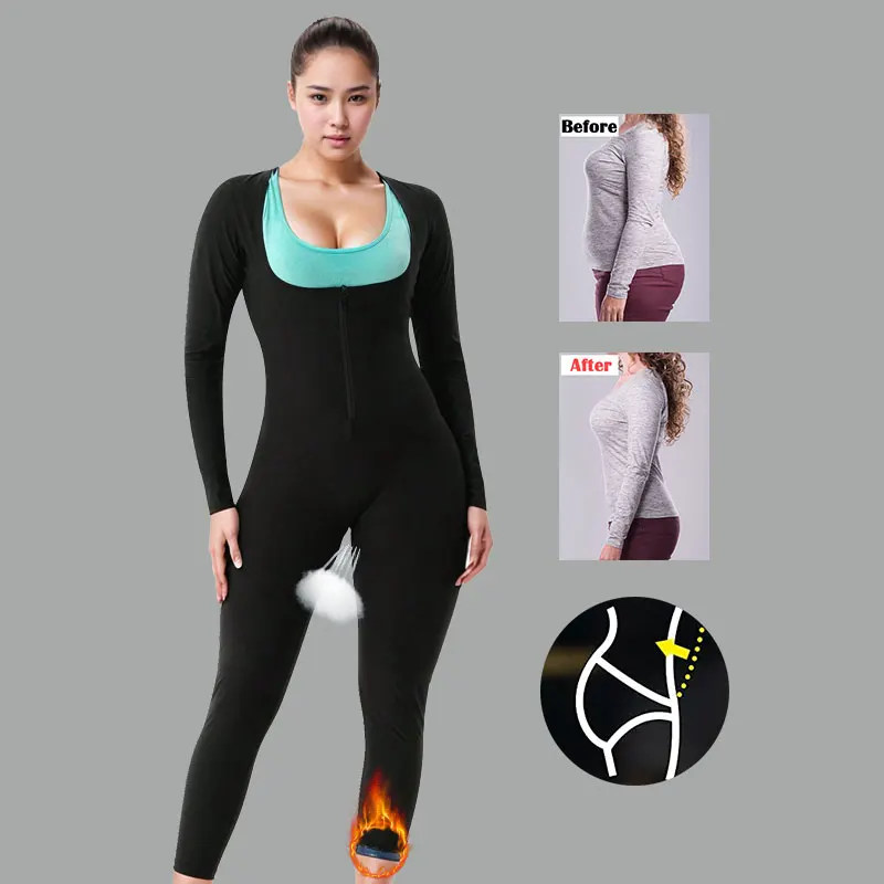 Women's Full Body 3-In-1 Long Sleeved Pants Sauna Sweat Suits Jumpsuits Slimming Weight Loss Slimming Shaper Waist Trainer
