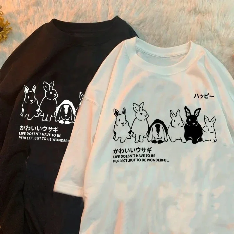 Japanese Cute Rabbit Pattern Women Summer Short Sleeve Shirt Summer CasualStreetwear Lady Clothes Tee Printing Top