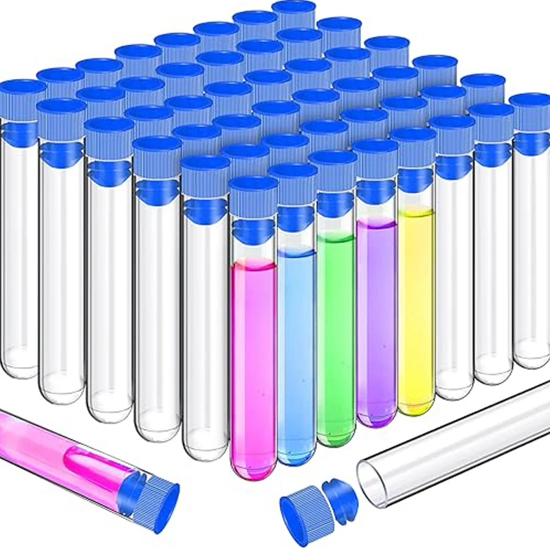 50pcs 16x100mm Tubes Clear Plastic Test Tubes with Caps 13ml Test Lab Tubes for Scientific Experiments Scientific Supplies