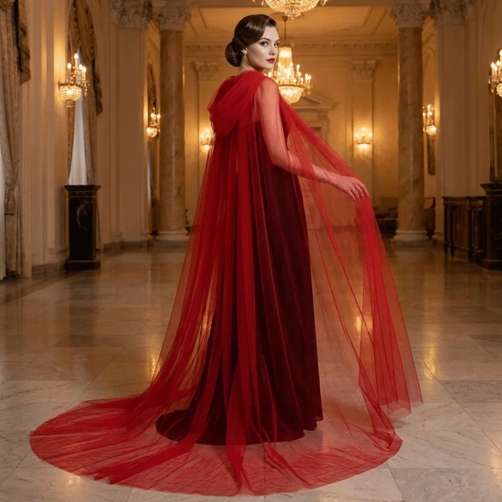 Retro Solid Color Halloween Hooded Tulle Cape Soft Long Mesh Cloak Floor Length Sheer Cosplay Bridal Costume Photoshoot