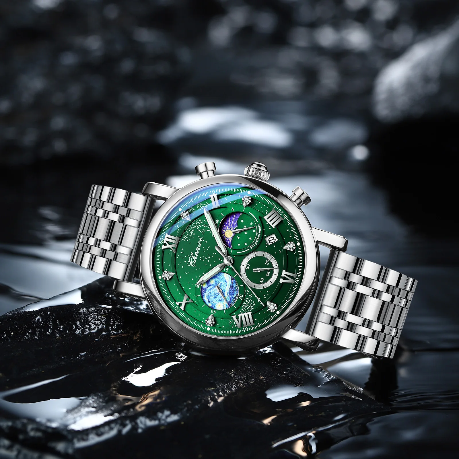 CHENXI NEW Man Watch متعددة الوظائف كرونوغراف القمر المرحلة تاريخ ساعات كوارتز للرجال السماء الهاتفي الفولاذ المقاوم للصدأ ساعة اليد