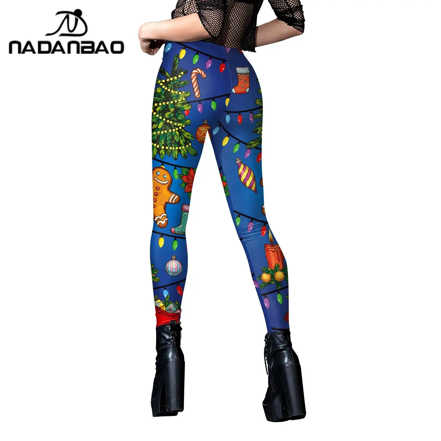 NADANBAO-Leggings con estampado de árbol de Navidad para mujer, medias sexys de cintura media, copos de nieve, pantalones a cuadros rojos, parte inferior informal