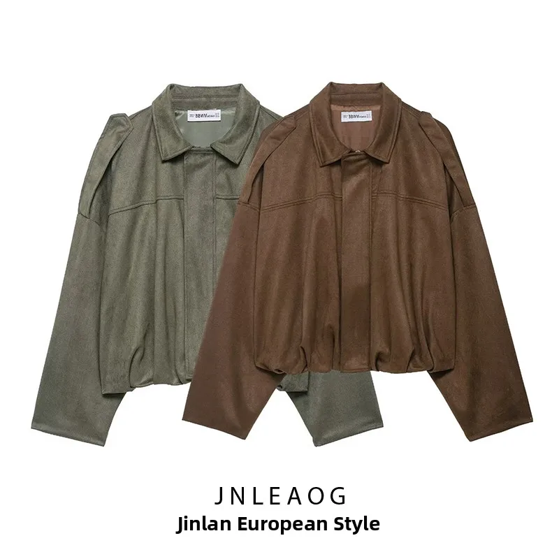 JNLEAOG Autumn New Women's Faion Design Velvet Texture Stand Collar Pilot Jaet Coat Polyester Stand Fit Zipper Closure