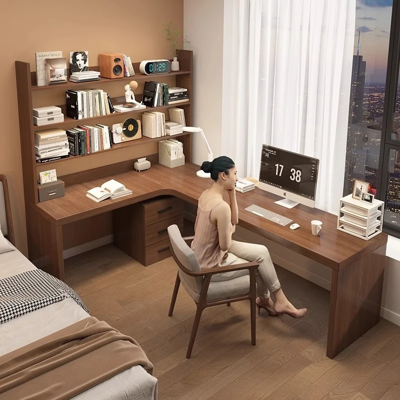 جميع المكاتب الزاوية المصنوعة من الخشب الصلب، وغرفة النوم المكتبية، ومكتب الكمبيوتر المكتبي الزاوية، ومجموعة رف الكتب #2