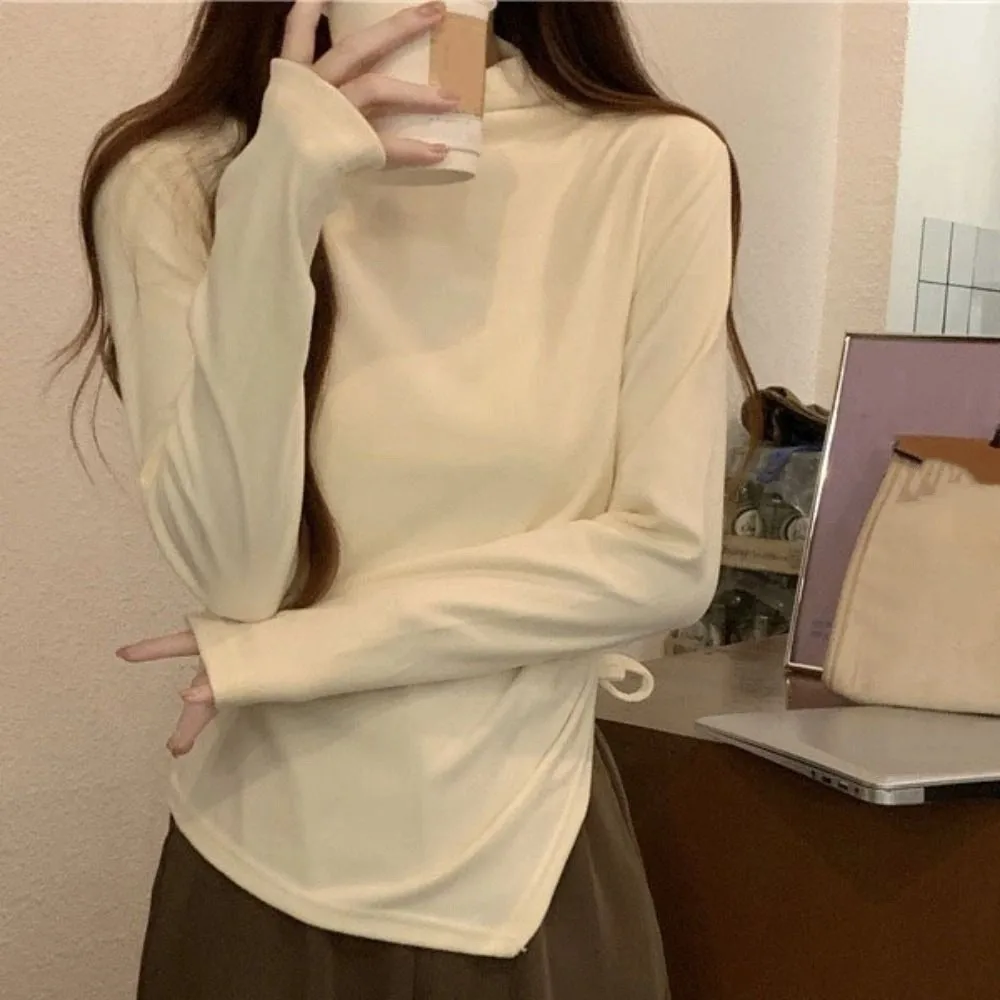 نصف الياقة العالية كم طويل تي شيرت بسيط غير منتظم سليم الرباط البلوز قاع قميص قميص المحاصيل الأعلى المرأة Y2k