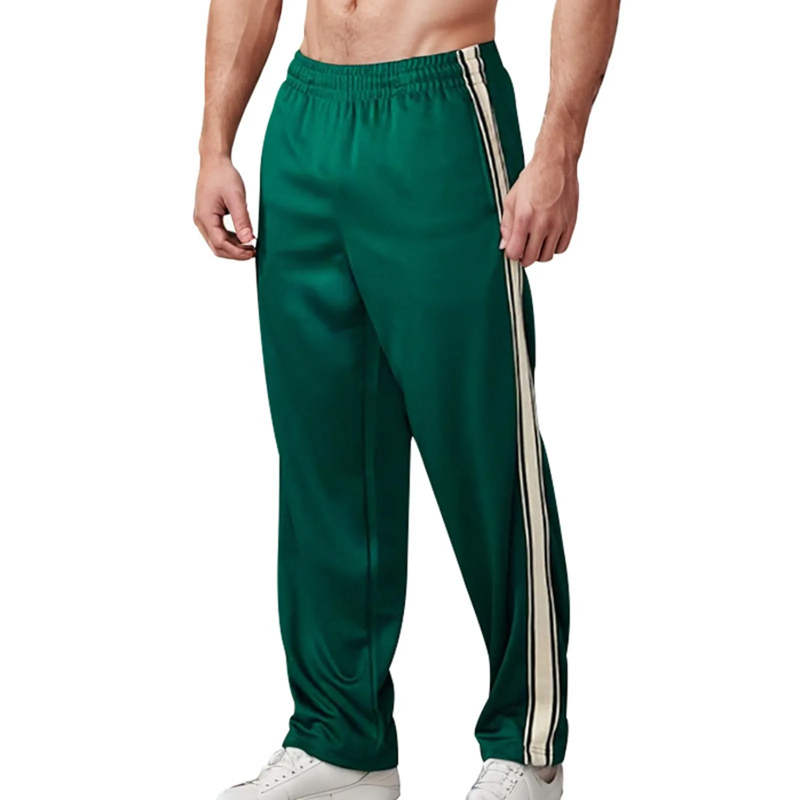 

Men's Simple Sports Casual Pants Men's Soft Comfortable Side Stripe Pocket Loose Wide Leg Running Sports Straight Casual Pants