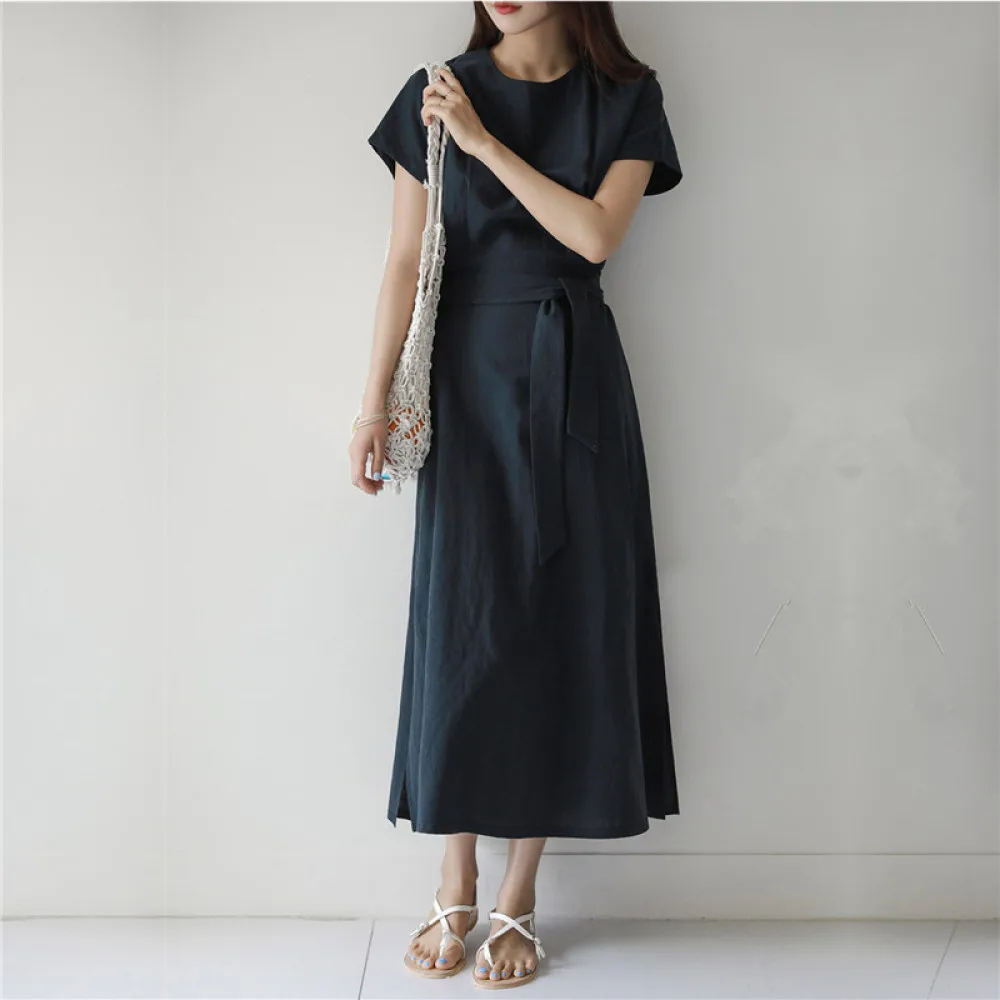 M-2XL Cotton Linen Bandage Vintage Long Summer Dress Women Split Large Hem Flattering A-line Maxi Sundress Female 2024