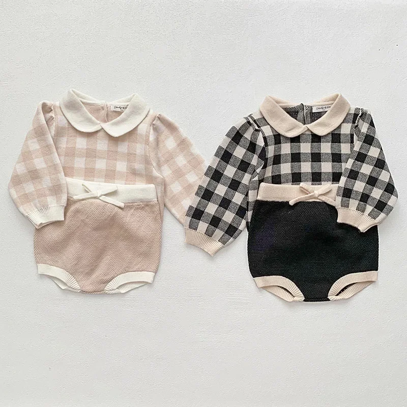 

2024 New Autumn Toddler Baby Girl Clothes Suit Long Sleeved Lattice Knitted Pullover Sweater+PP Shorts Children Clothes Set