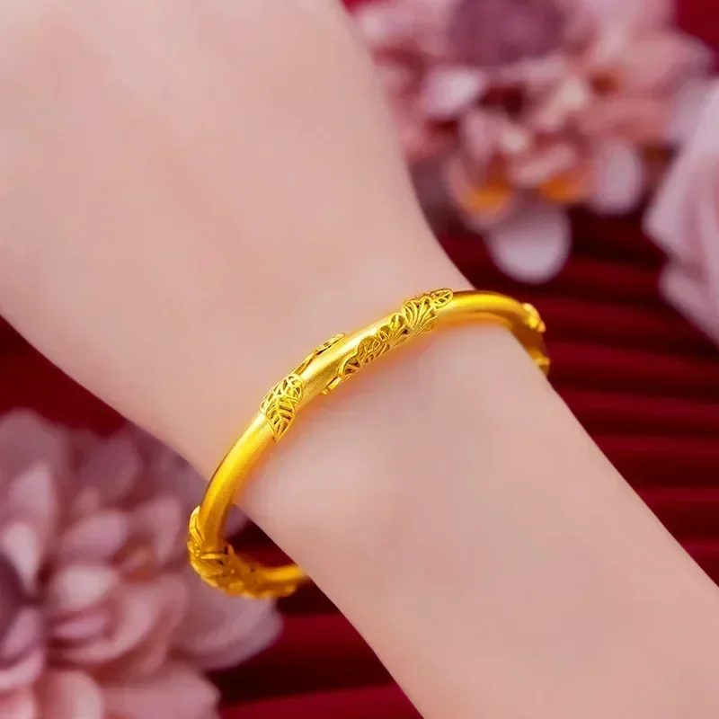 Eldorado Gold  9999 Real Gold 24K Women's, Retro Leaf Acacia Vine Bracelet, Ancient Round Stick Flowering Bracelet