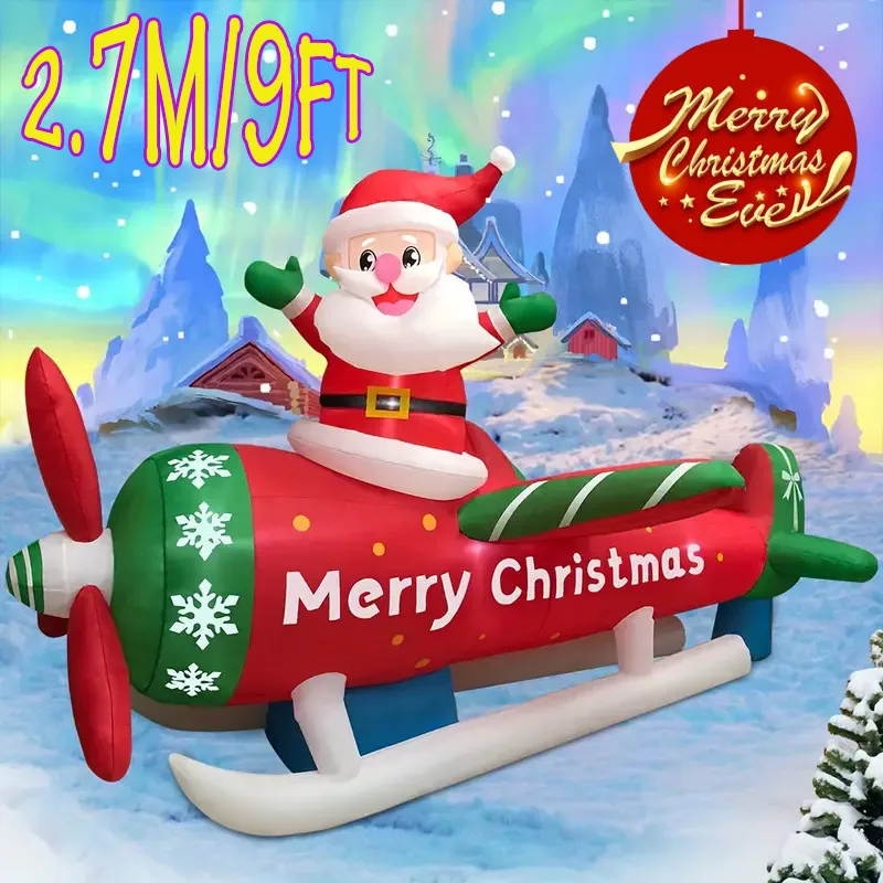 

2.7M/9FT Christmas Ornament Inflatable Toys Santa Plane Built-in LED Lights Xmas Party Indoor Outdoor Garden Props Decoration