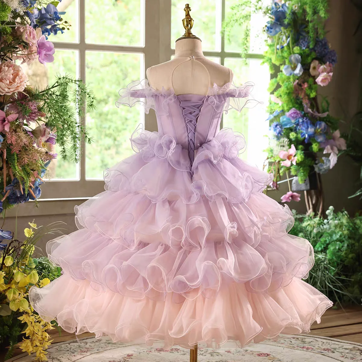 Dreamy Vow D202 Off Shoulder Girl Dress Tiered Floral Long Lovely Princess Kids Wedding Birthday Festival Party Pageant Gown