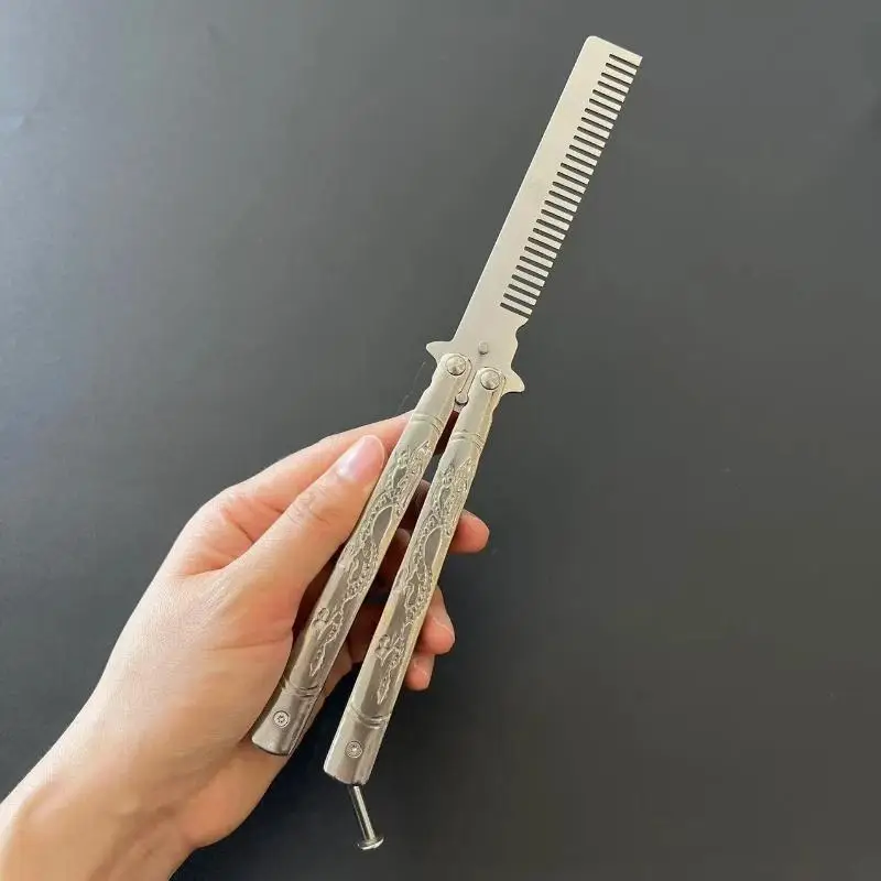 1 Stück Edelstahl Übungs-Schmetterlingsmesser-Kamm Bart- und Schnurrbartbürste Friseursalon-Styling-Werkzeug Faltbarer Kamm – Detail 12