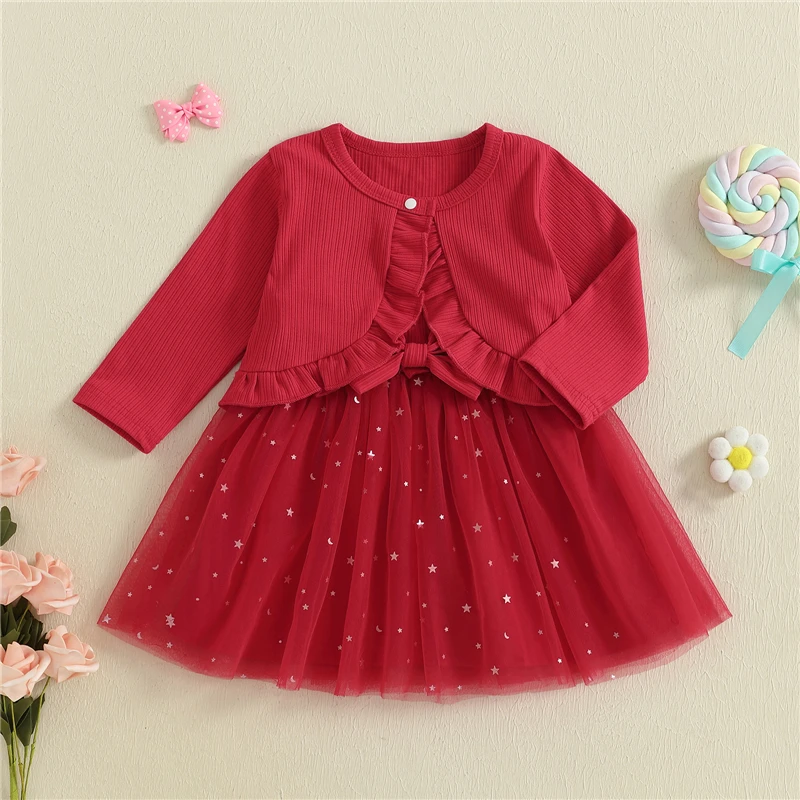 

Toddler Girl Clothes Set Fashion Shiny Stars Tulle Patchwork Slip Dress with Long Sleeve Ruffled Jacket Autumn Baby Girl Outfits