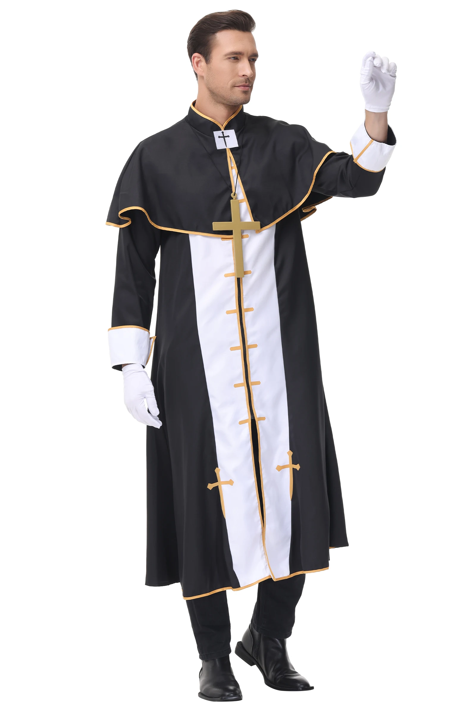 Sacerdote de Halloween Fantasias de Cosplay Homem, Medieval, Pastor, Fantasia, Fantasia de Palco, Xale Preto, Robe, Pastor