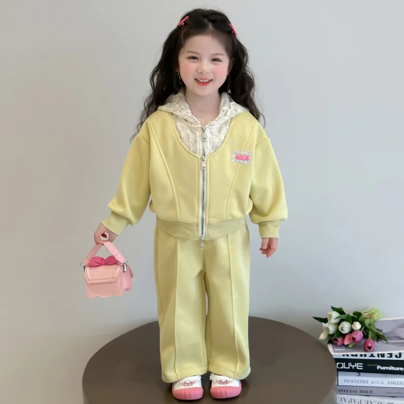 

Girls Suit 2025 Autumn New Children's Clothing Korean Style Girl Baby Lace Hoodie Fake Two Hoodie Pants Two Piece Casual