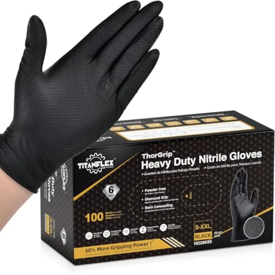 

TitanFlex Heavy Duty Black Industrial Nitrile Gloves with Raised Diamond Texture, Latex Free 6mil/8mil