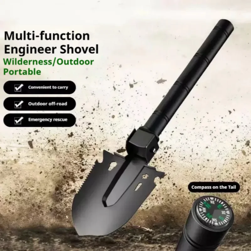 Outdoor Thickened Multi-Function Engineer Shovel with Compass Camping Fishing Scarifying Exploration Portable Digging Shovel