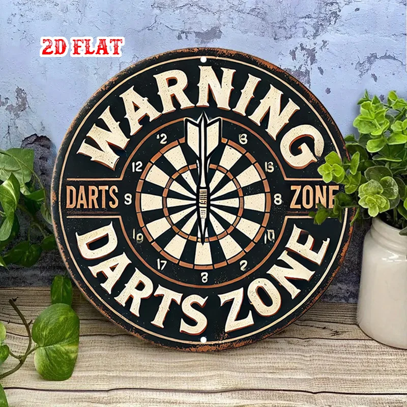 2D Flat 1pc Game Room Round Aluminum Sign, Darts Zone Round Wall Decor Warning Sign Rustic Metal Wall Art, Sports Equipment - view 3
