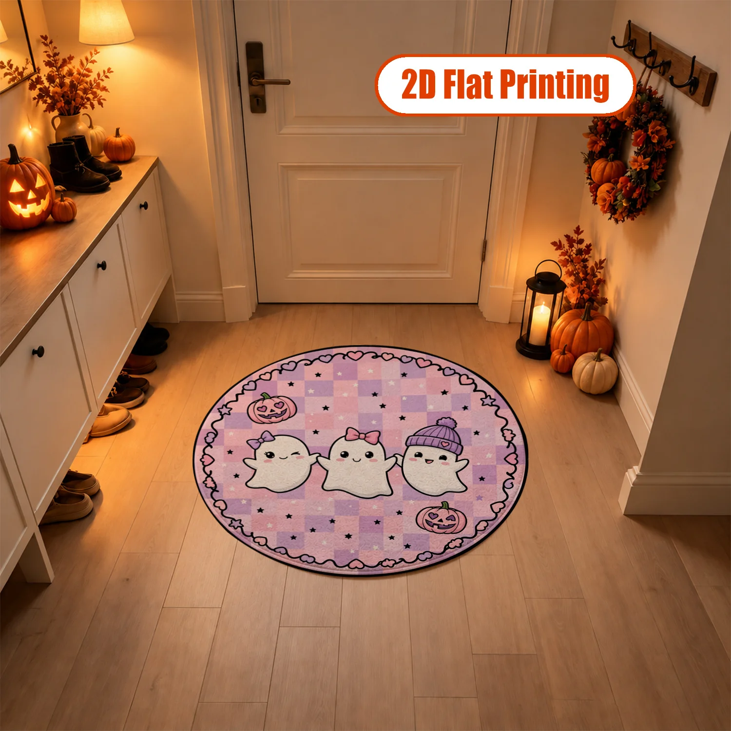 Cute Pastel Ghosts Pumpkins Checkered Round Velvet Rug Machine Washable Soft Area Rug for Living Room Bedroom Entryway Halloween Thanksgiving Christmas New Year Decor