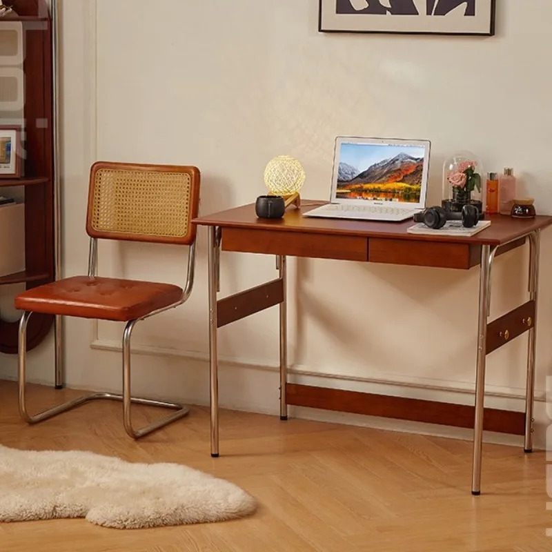 Stainless steel solid wood desk, medieval style study desk, computer desk