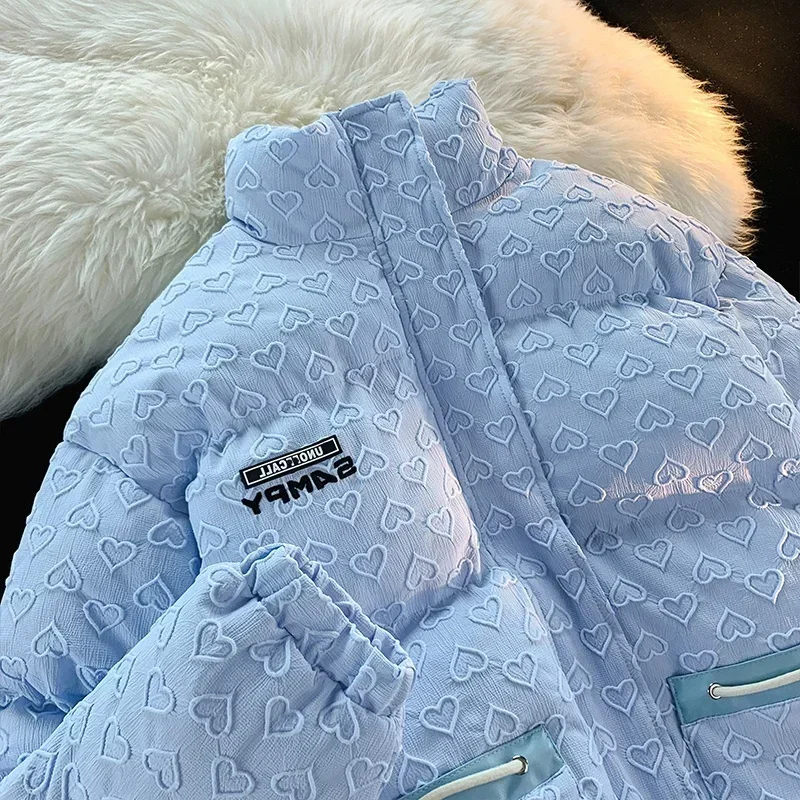 Winter Liefde Opstaande Kraag Katoenen Jas Vrouwen Harajuku Mode Casual Multi Functionele Zak Rits Verdikte Brood Donsjassen